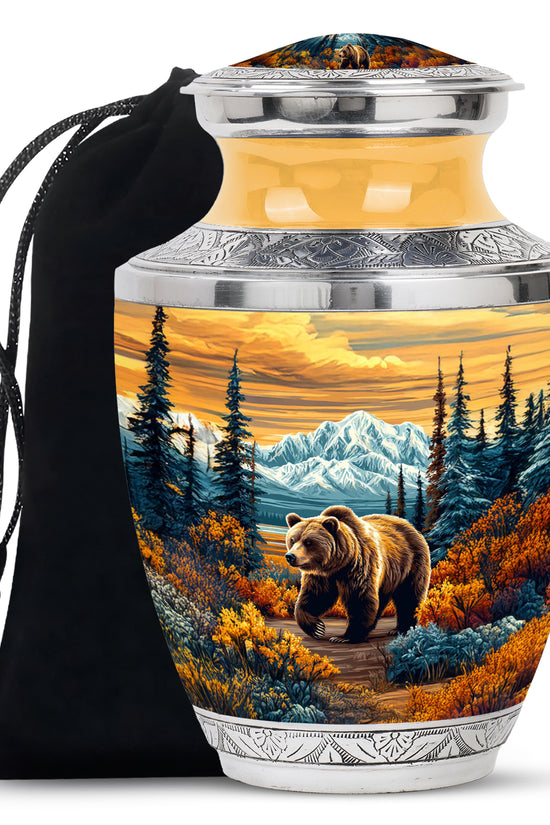 Gilded Gold Bear Cremation Urn side profile showing urn shape - modern art-inspired bear motif on sleek aluminum - full-size 10 inch 200 cubic inch adult cremation urn