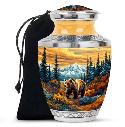 Gilded Gold Bear Cremation Urn side profile showing urn shape - modern art-inspired bear motif on sleek aluminum - full-size 10 inch 200 cubic inch adult cremation urn