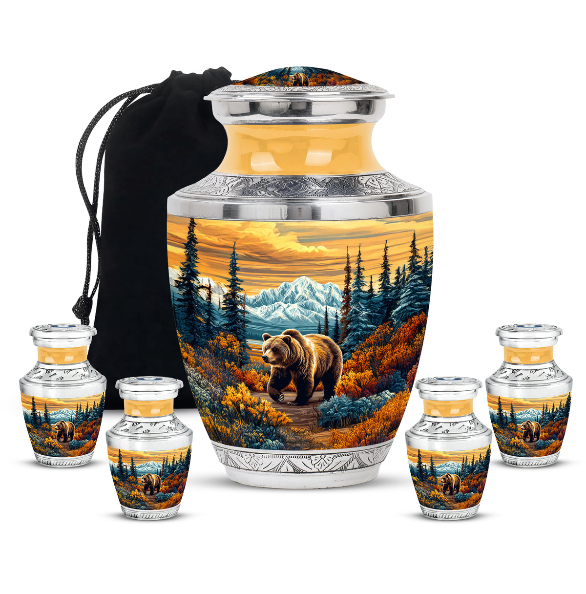 Sunrise Gold Bear Cremation Urn lifestyle display on memorial shelf - contemporary bear design with modern artistic flair - memorial set with one large and four small urns