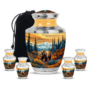 Sunrise Gold Bear Cremation Urn lifestyle display on memorial shelf - contemporary bear design with modern artistic flair - memorial set with one large and four small urns