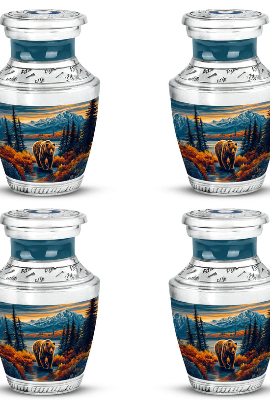 Cornflower Blue Bear Cremation Urn back view with polished surface - stylized abstract bear pattern with bold lines - 10 inch aluminum urn for cremated remains