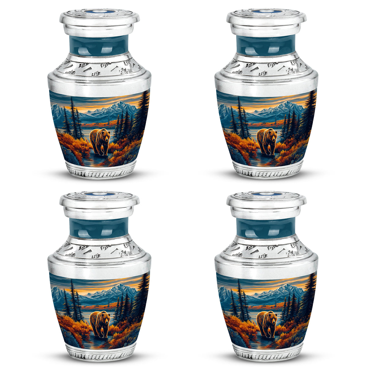 Cornflower Blue Bear Cremation Urn back view with polished surface - stylized abstract bear pattern with bold lines - 10 inch aluminum urn for cremated remains