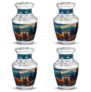 Cornflower Blue Bear Cremation Urn back view with polished surface - stylized abstract bear pattern with bold lines - 10 inch aluminum urn for cremated remains