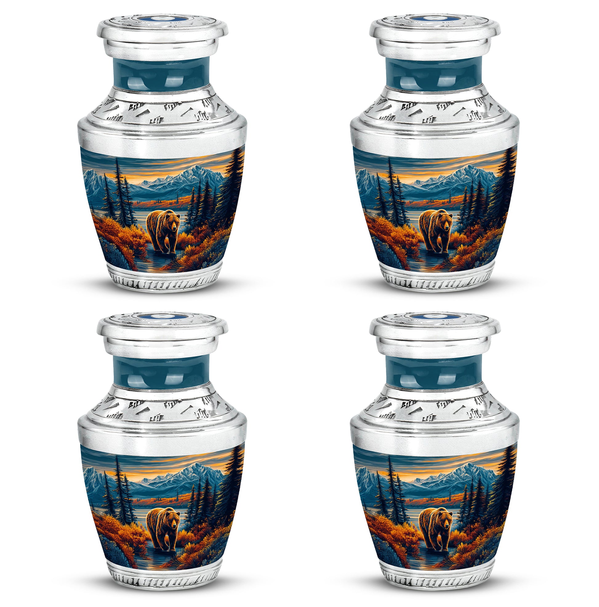 Cornflower Blue Bear Cremation Urn back view with polished surface - stylized abstract bear pattern with bold lines - 10 inch aluminum urn for cremated remains