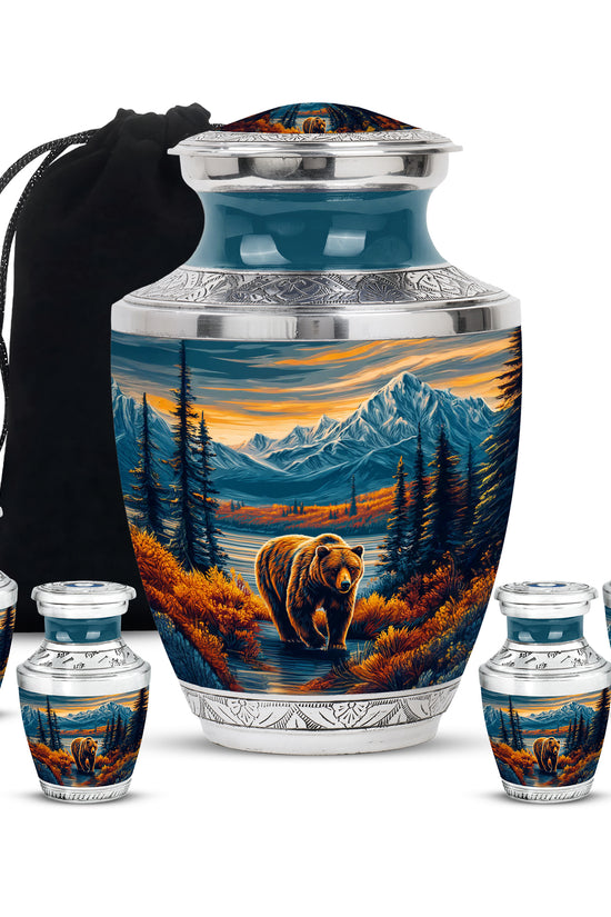 Twilight Blue Bear Cremation Urn lifestyle display on memorial shelf - stylized abstract bear pattern with bold lines - memorial set with one large and four small urns