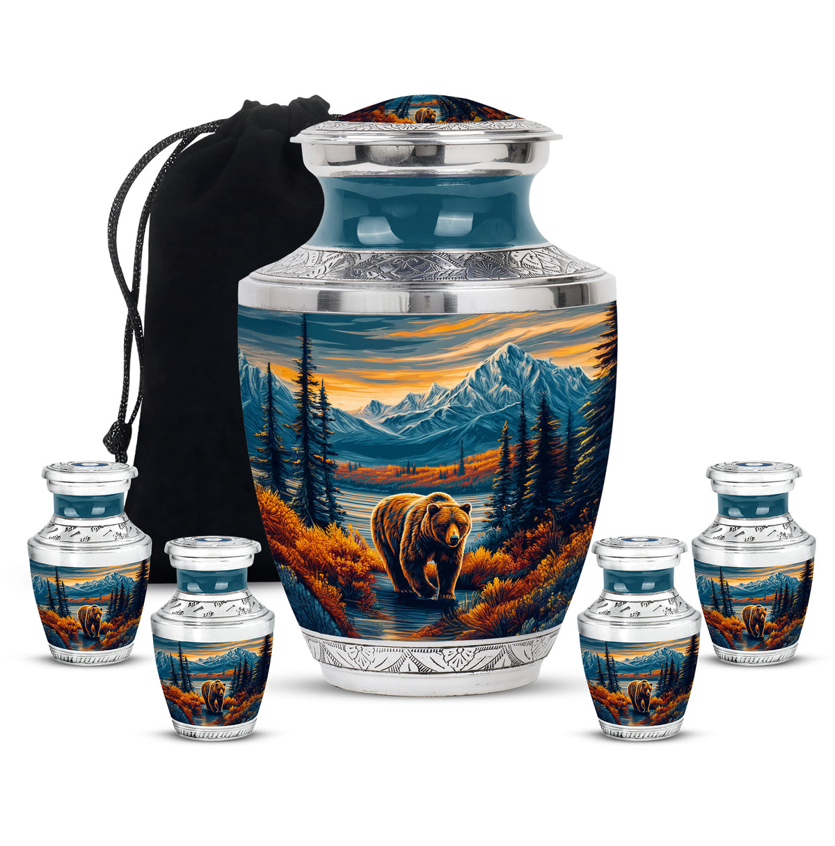 Twilight Blue Bear Cremation Urn lifestyle display on memorial shelf - stylized abstract bear pattern with bold lines - memorial set with one large and four small urns