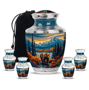 Twilight Blue Bear Cremation Urn lifestyle display on memorial shelf - stylized abstract bear pattern with bold lines - memorial set with one large and four small urns