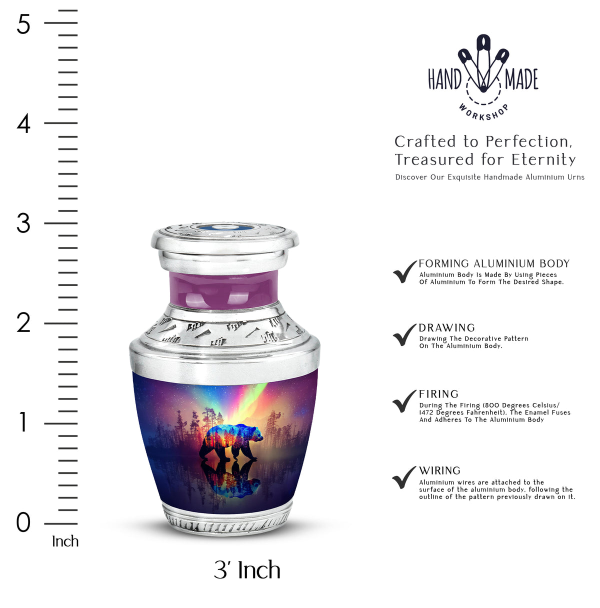 Misty Blue Bear Cremation Urn top-down view of secure threaded lid - modern art-inspired bear motif on sleek aluminum - mini keepsake memorial for portion of cremation ashes
