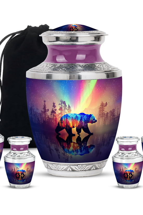 Soft Blue Bear Cremation Urn lifestyle display on memorial shelf - artistic bear interpretation with creative detail - memorial set with one large and four small urns