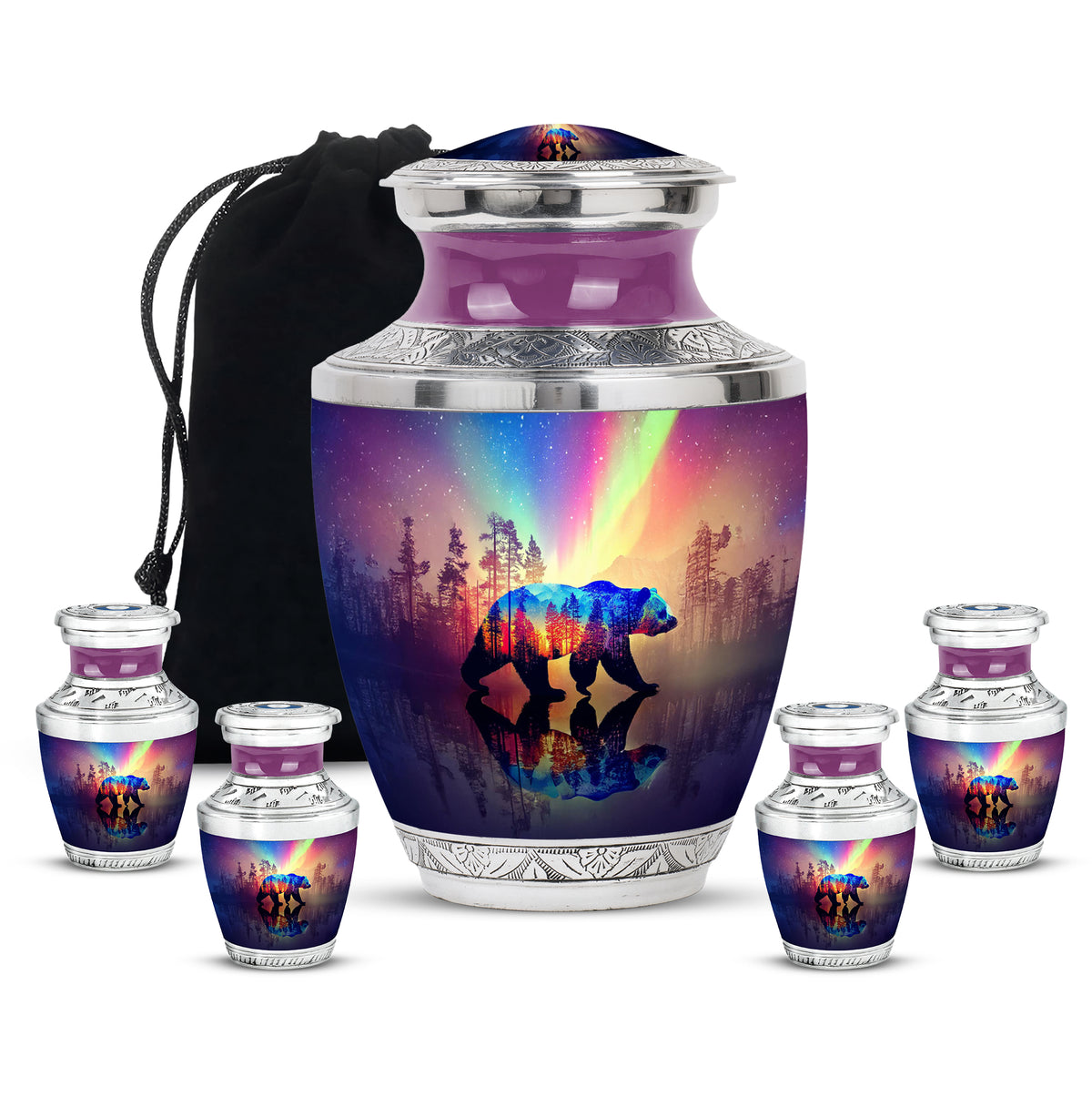Soft Blue Bear Cremation Urn lifestyle display on memorial shelf - artistic bear interpretation with creative detail - memorial set with one large and four small urns