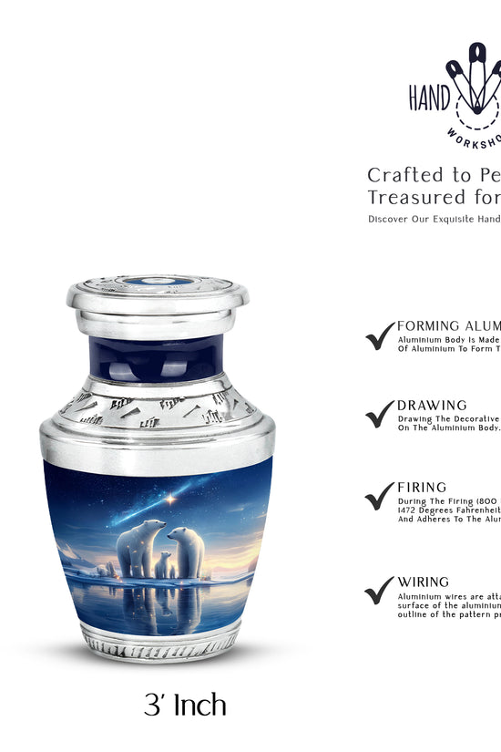 Sky Blue Bear Cremation Urn top-down view of secure threaded lid - modern art-inspired bear motif on sleek aluminum - mini keepsake memorial for portion of cremation ashes
