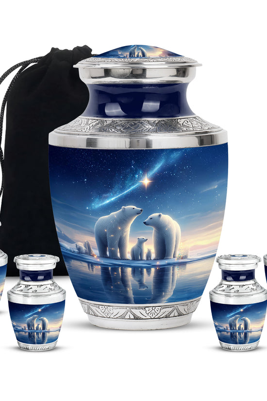 Sapphire Blue Bear Cremation Urn lifestyle display on memorial shelf - stylized abstract bear pattern with bold lines - memorial set with one large and four small urns