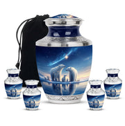 Sapphire Blue Bear Cremation Urn lifestyle display on memorial shelf - stylized abstract bear pattern with bold lines - memorial set with one large and four small urns