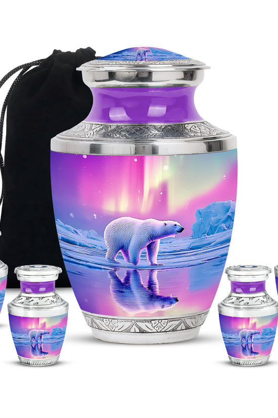 Soft Pink Bear Cremation Urn lifestyle display on memorial shelf - artistic bear interpretation with creative detail - memorial set with one large and four small urns