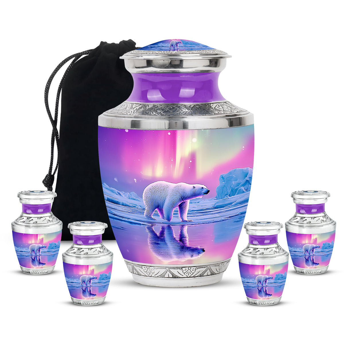 Soft Pink Bear Cremation Urn lifestyle display on memorial shelf - artistic bear interpretation with creative detail - memorial set with one large and four small urns