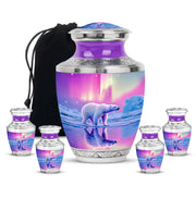 Soft Pink Bear Cremation Urn lifestyle display on memorial shelf - artistic bear interpretation with creative detail - memorial set with one large and four small urns