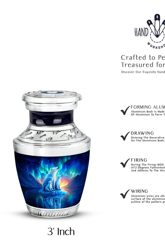 Twilight Blue Bear Cremation Urn top-down view of secure threaded lid - stylized abstract bear pattern with bold lines - mini keepsake memorial for portion of cremation ashes