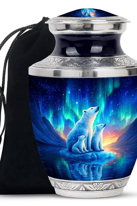 Steel Blue Bear Cremation Urn side profile showing urn shape - stylized abstract bear pattern with bold lines - full-size 10 inch 200 cubic inch adult cremation urn