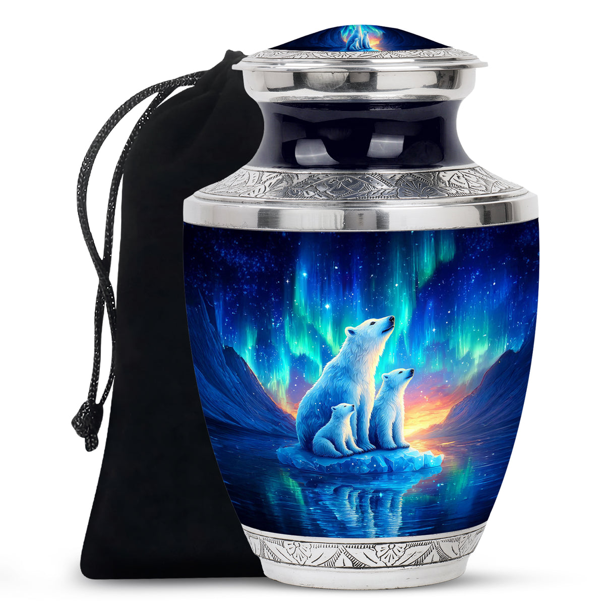 Steel Blue Bear Cremation Urn side profile showing urn shape - stylized abstract bear pattern with bold lines - full-size 10 inch 200 cubic inch adult cremation urn