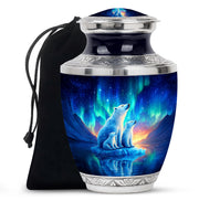 Steel Blue Bear Cremation Urn side profile showing urn shape - stylized abstract bear pattern with bold lines - full-size 10 inch 200 cubic inch adult cremation urn