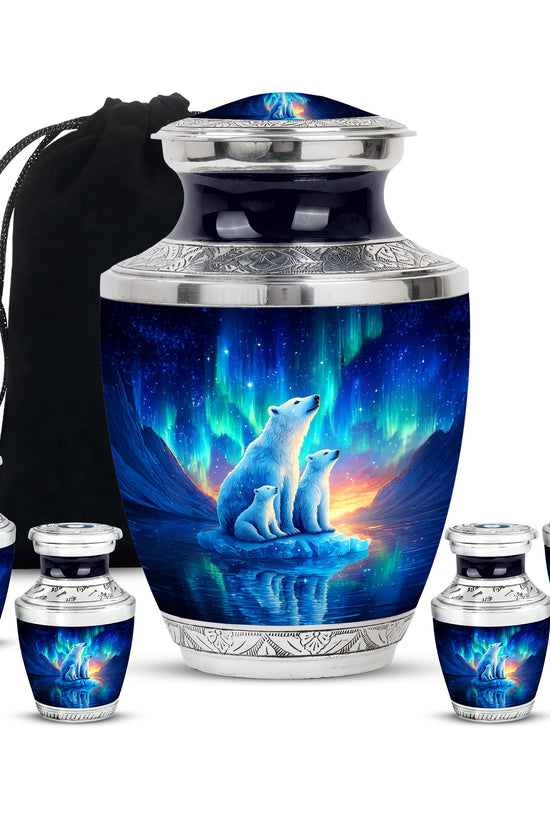 Sapphire Blue Bear Cremation Urn lifestyle display on memorial shelf - artistic bear interpretation with creative detail - memorial set with one large and four small urns