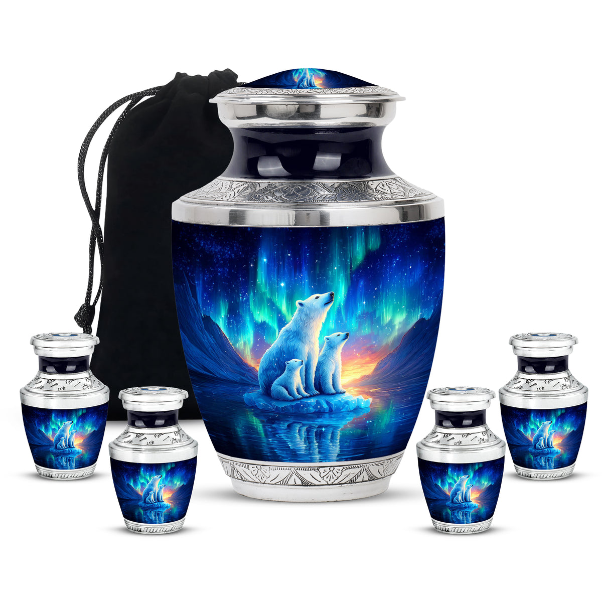 Sapphire Blue Bear Cremation Urn lifestyle display on memorial shelf - artistic bear interpretation with creative detail - memorial set with one large and four small urns