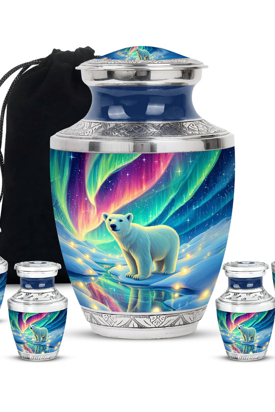 Vivid Blue Bear Cremation Urn lifestyle display on memorial shelf - artistic bear interpretation with creative detail - memorial set with one large and four small urns