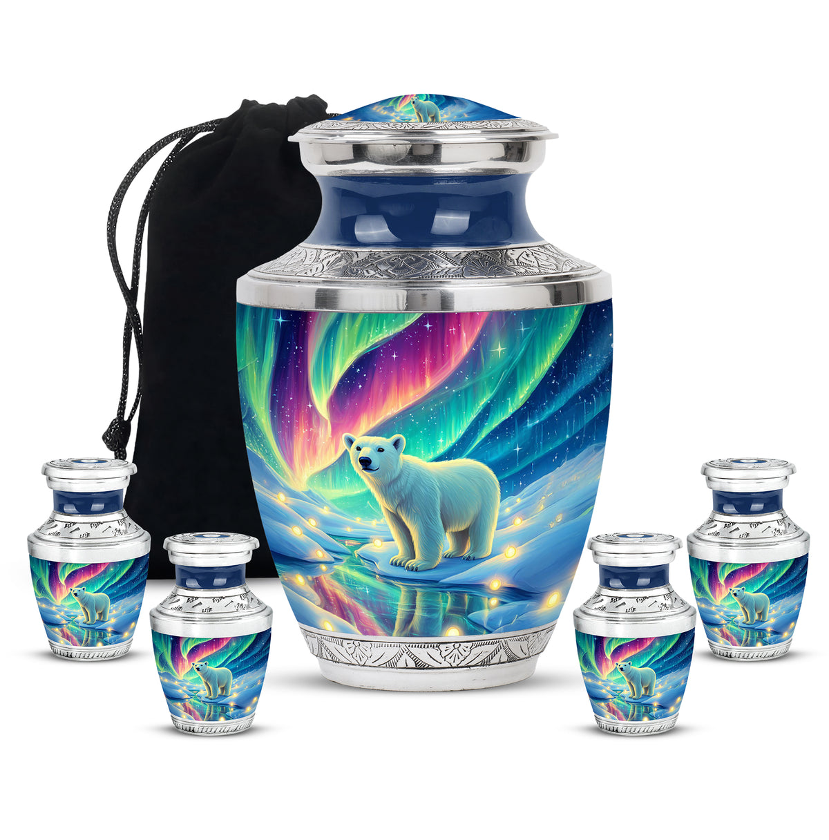 Vivid Blue Bear Cremation Urn lifestyle display on memorial shelf - artistic bear interpretation with creative detail - memorial set with one large and four small urns