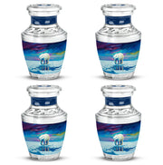 Dusty Blue Bear Cremation Urn back view with polished surface - contemporary bear design with modern artistic flair - 10 inch aluminum urn for cremated remains