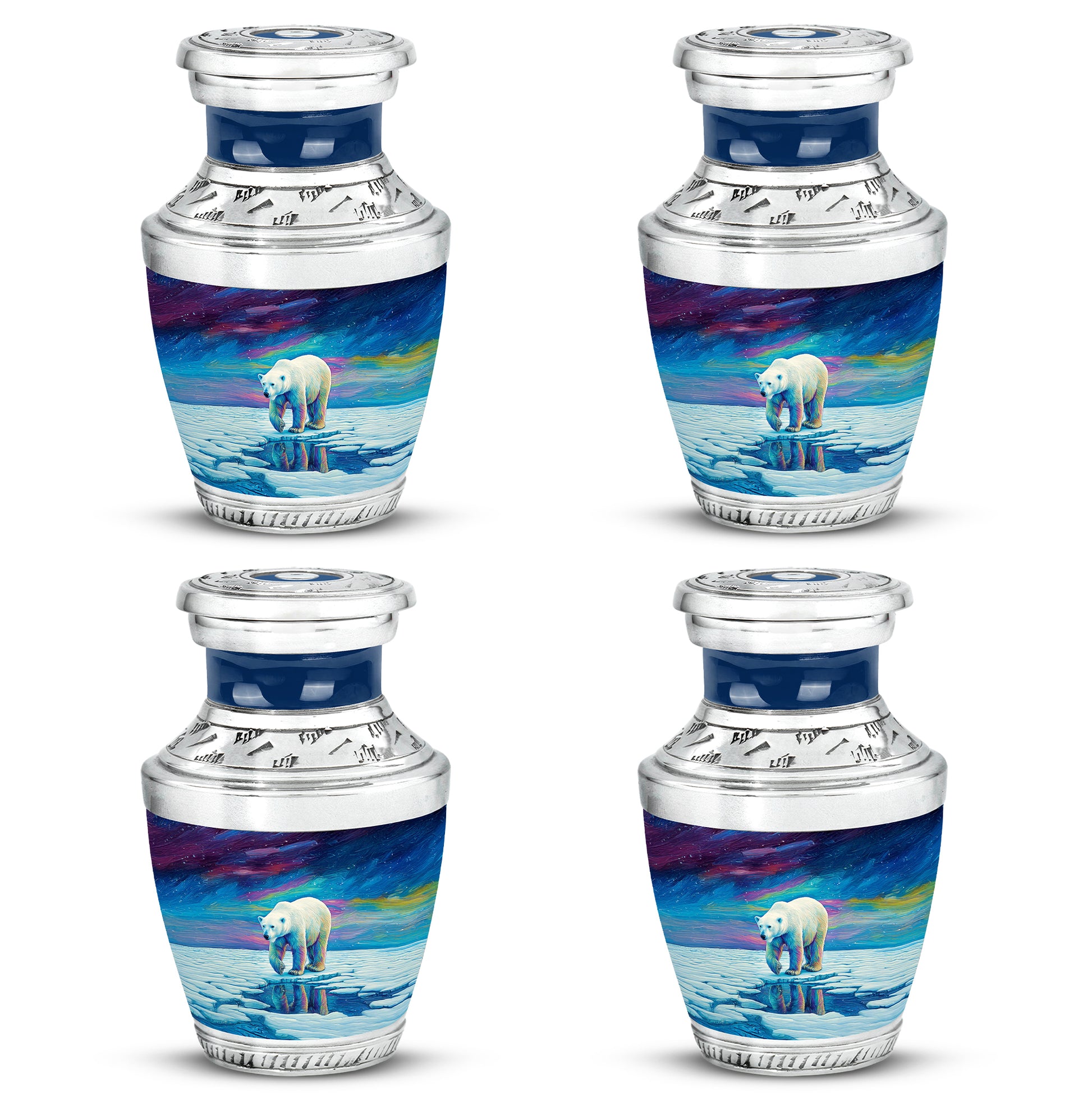 Dusty Blue Bear Cremation Urn back view with polished surface - contemporary bear design with modern artistic flair - 10 inch aluminum urn for cremated remains