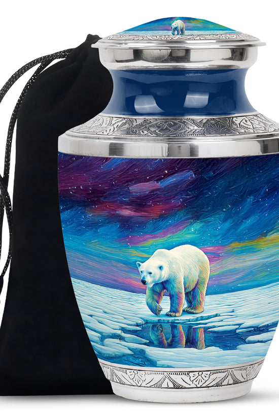 Sapphire Blue Bear Cremation Urn side profile showing urn shape - stylized abstract bear pattern with bold lines - full-size 10 inch 200 cubic inch adult cremation urn