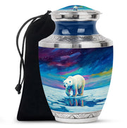 Sapphire Blue Bear Cremation Urn side profile showing urn shape - stylized abstract bear pattern with bold lines - full-size 10 inch 200 cubic inch adult cremation urn