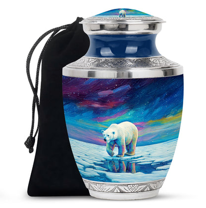 Sapphire Blue Bear Cremation Urn side profile showing urn shape - stylized abstract bear pattern with bold lines - full-size 10 inch 200 cubic inch adult cremation urn
