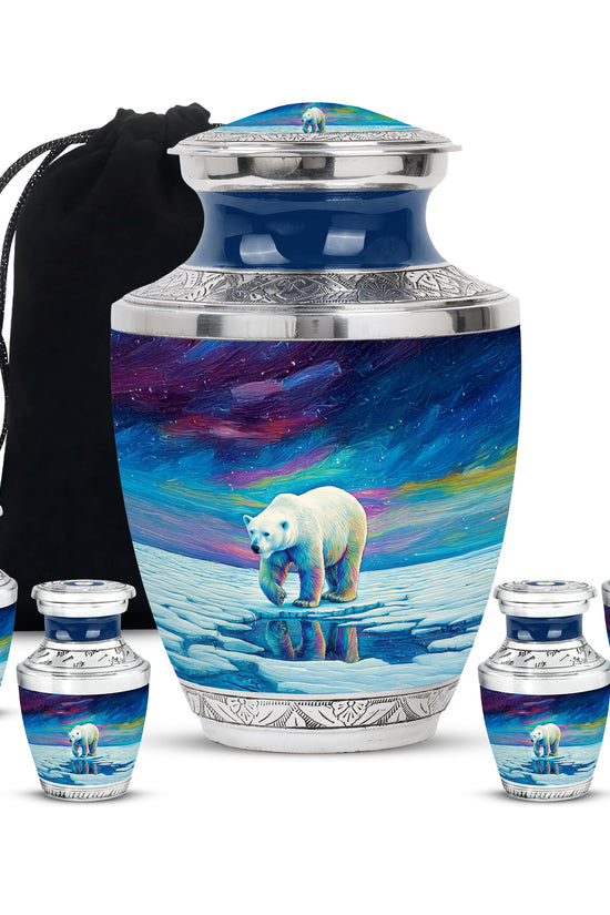 Royal Blue Bear Cremation Urn lifestyle display on memorial shelf - artistic bear interpretation with creative detail - memorial set with one large and four small urns