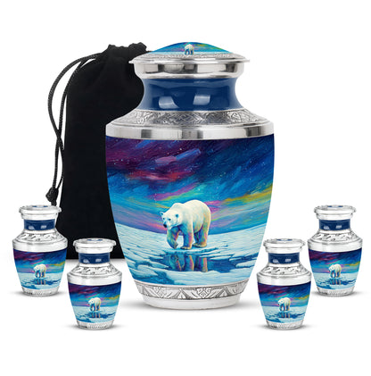 Royal Blue Bear Cremation Urn lifestyle display on memorial shelf - artistic bear interpretation with creative detail - memorial set with one large and four small urns