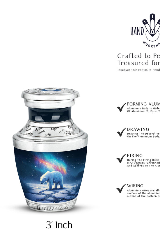 Cobalt Blue Bear Cremation Urn top-down view of secure threaded lid - stylized abstract bear pattern with bold lines - mini keepsake memorial for portion of cremation ashes