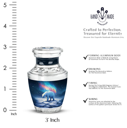 Cobalt Blue Bear Cremation Urn top-down view of secure threaded lid - stylized abstract bear pattern with bold lines - mini keepsake memorial for portion of cremation ashes