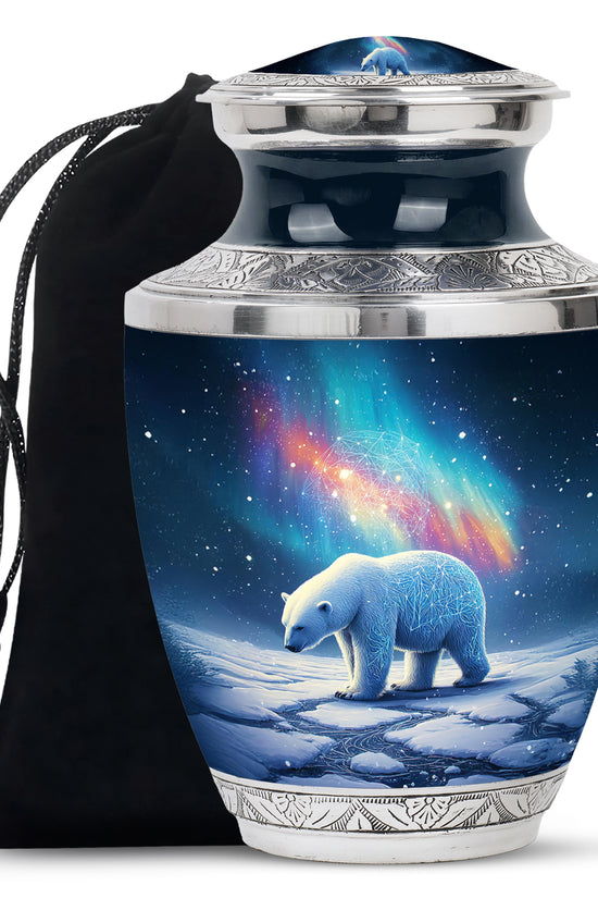 Cornflower Blue Bear Cremation Urn side profile showing urn shape - stylized abstract bear pattern with bold lines - full-size 10 inch 200 cubic inch adult cremation urn