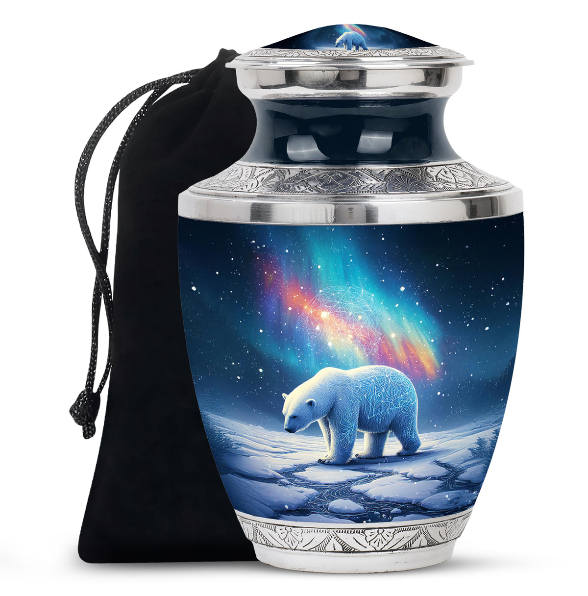 Cornflower Blue Bear Cremation Urn side profile showing urn shape - stylized abstract bear pattern with bold lines - full-size 10 inch 200 cubic inch adult cremation urn