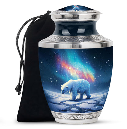 Cornflower Blue Bear Cremation Urn side profile showing urn shape - stylized abstract bear pattern with bold lines - full-size 10 inch 200 cubic inch adult cremation urn
