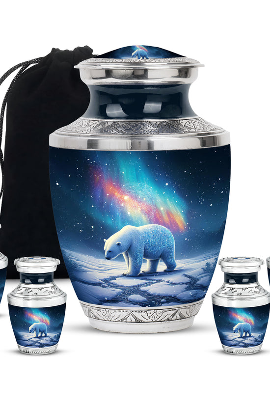 Dusty Blue Bear Cremation Urn lifestyle display on memorial shelf - modern art-inspired bear motif on sleek aluminum - memorial set with one large and four small urns