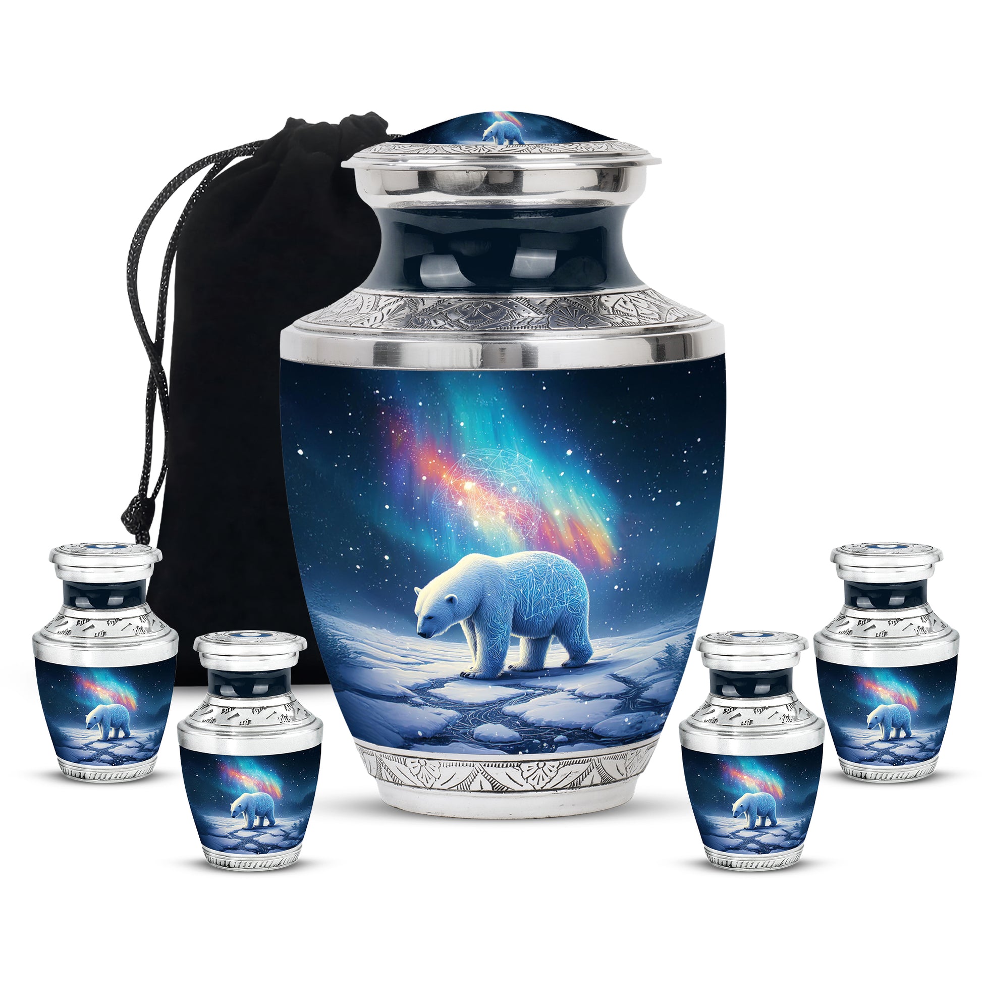 Dusty Blue Bear Cremation Urn lifestyle display on memorial shelf - modern art-inspired bear motif on sleek aluminum - memorial set with one large and four small urns