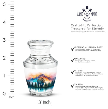 Antique Silver Bear Cremation Urn top-down view of secure threaded lid - stylized abstract bear pattern with bold lines - mini keepsake memorial for portion of cremation ashes
