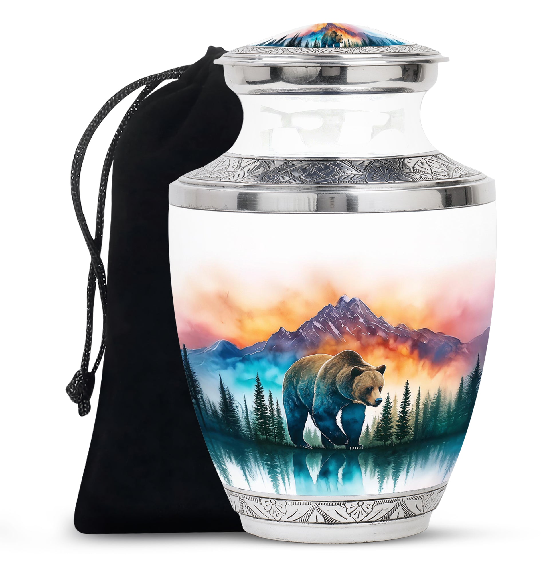 Chrome Silver Bear Cremation Urn side profile showing urn shape - stylized abstract bear pattern with bold lines - full-size 10 inch 200 cubic inch adult cremation urn