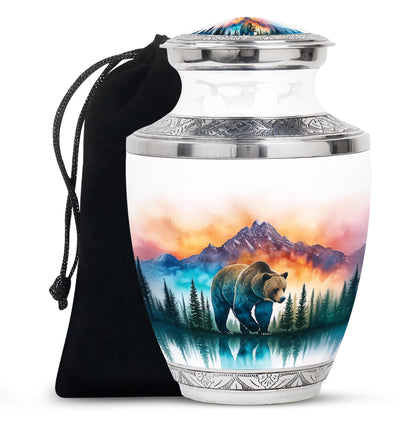 Chrome Silver Bear Cremation Urn side profile showing urn shape - stylized abstract bear pattern with bold lines - full-size 10 inch 200 cubic inch adult cremation urn