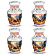 Matte Gold Bear Cremation Urn back view with polished surface - stylized abstract bear pattern with bold lines - 10 inch aluminum urn for cremated remains