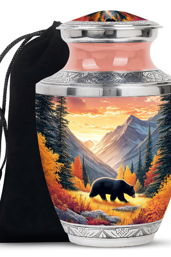Warm Gold Bear Cremation Urn side profile showing urn shape - stylized abstract bear pattern with bold lines - full-size 10 inch 200 cubic inch adult cremation urn