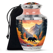 Warm Gold Bear Cremation Urn side profile showing urn shape - stylized abstract bear pattern with bold lines - full-size 10 inch 200 cubic inch adult cremation urn