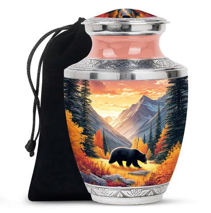 Warm Gold Bear Cremation Urn side profile showing urn shape - stylized abstract bear pattern with bold lines - full-size 10 inch 200 cubic inch adult cremation urn