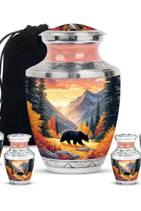 Champagne Gold Bear Cremation Urn lifestyle display on memorial shelf - modern art-inspired bear motif on sleek aluminum - memorial set with one large and four small urns